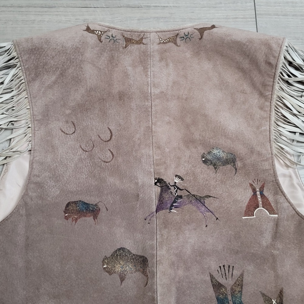 Vintage Patricia Wolf Vest Womens S Hand Painted Suede Fringe Western Boho Texas - Picture 14 of 16